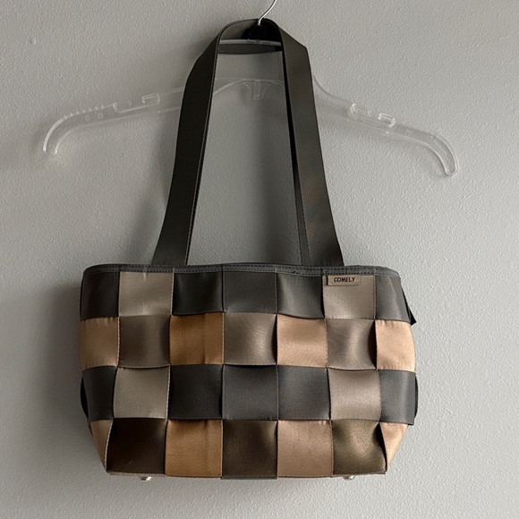 Comely Handbags - Comely Woven Seatbelt Tote Bag - Beige, Black, and Brown